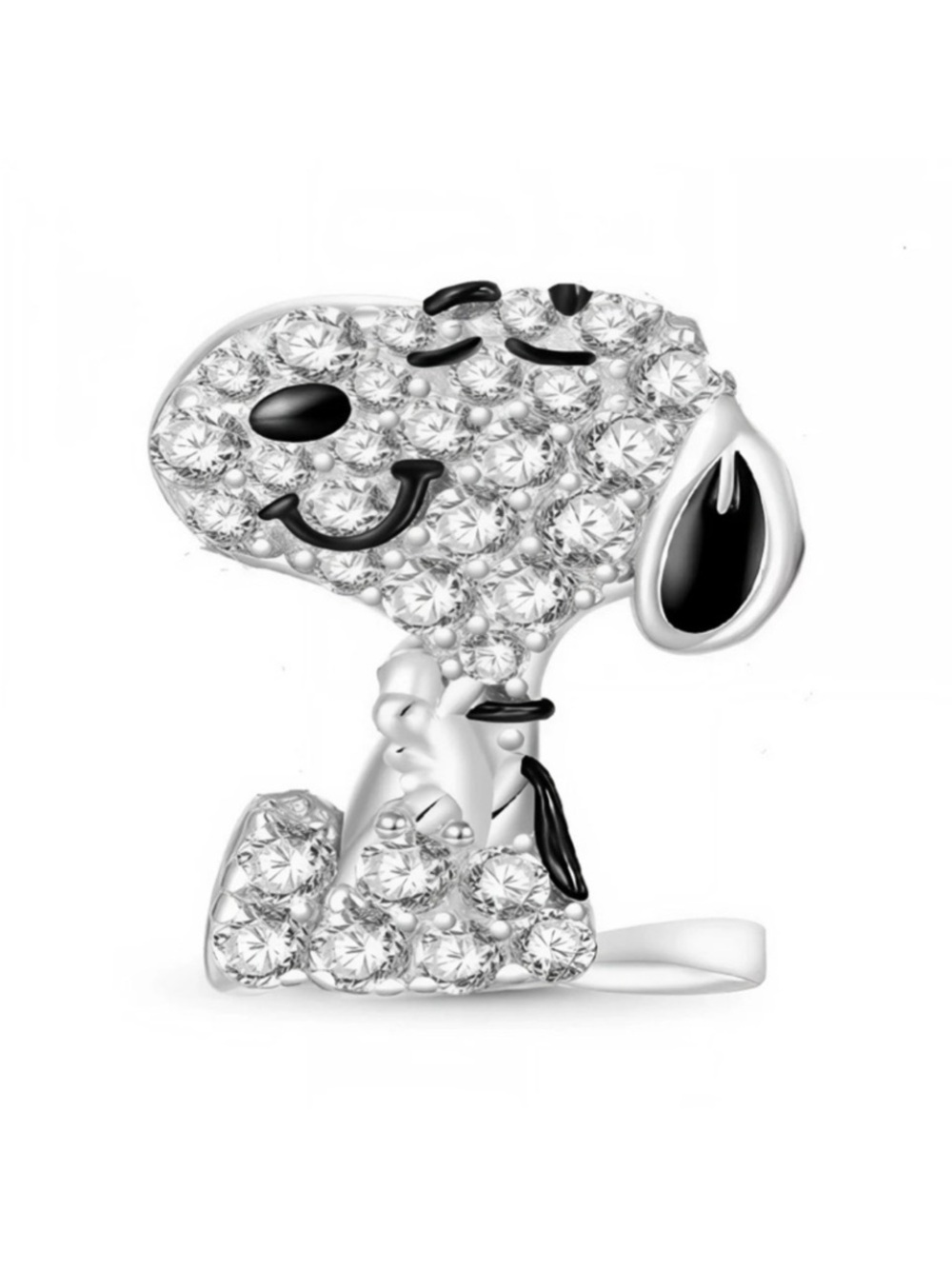 Silver Crystal Snoopy Dog Charm with Black Enamel Accents